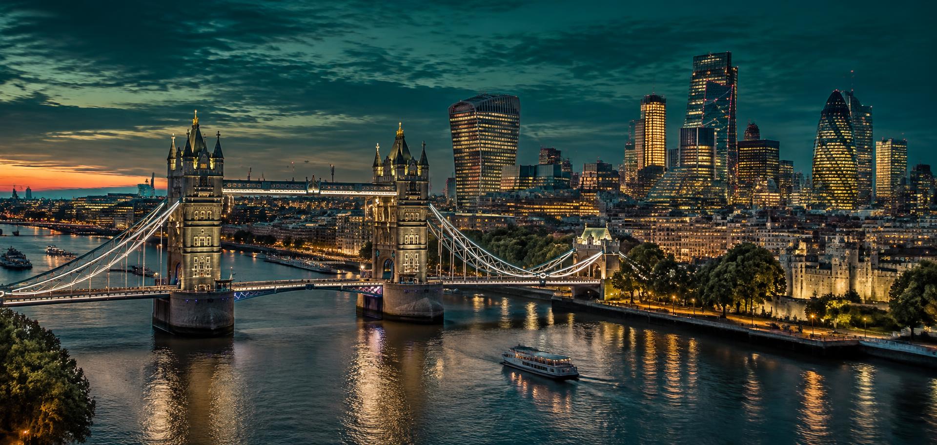 Tower Bridge and the City of London at twilight
